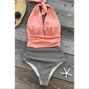 Cupshe Peach & Black/White Striped One Piece